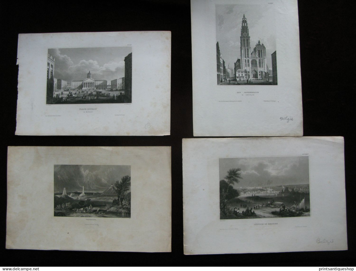 Belgium 4x Original Antique Engraving Brussels Waterloo Luttich Antwerpen - Prints & Engravings