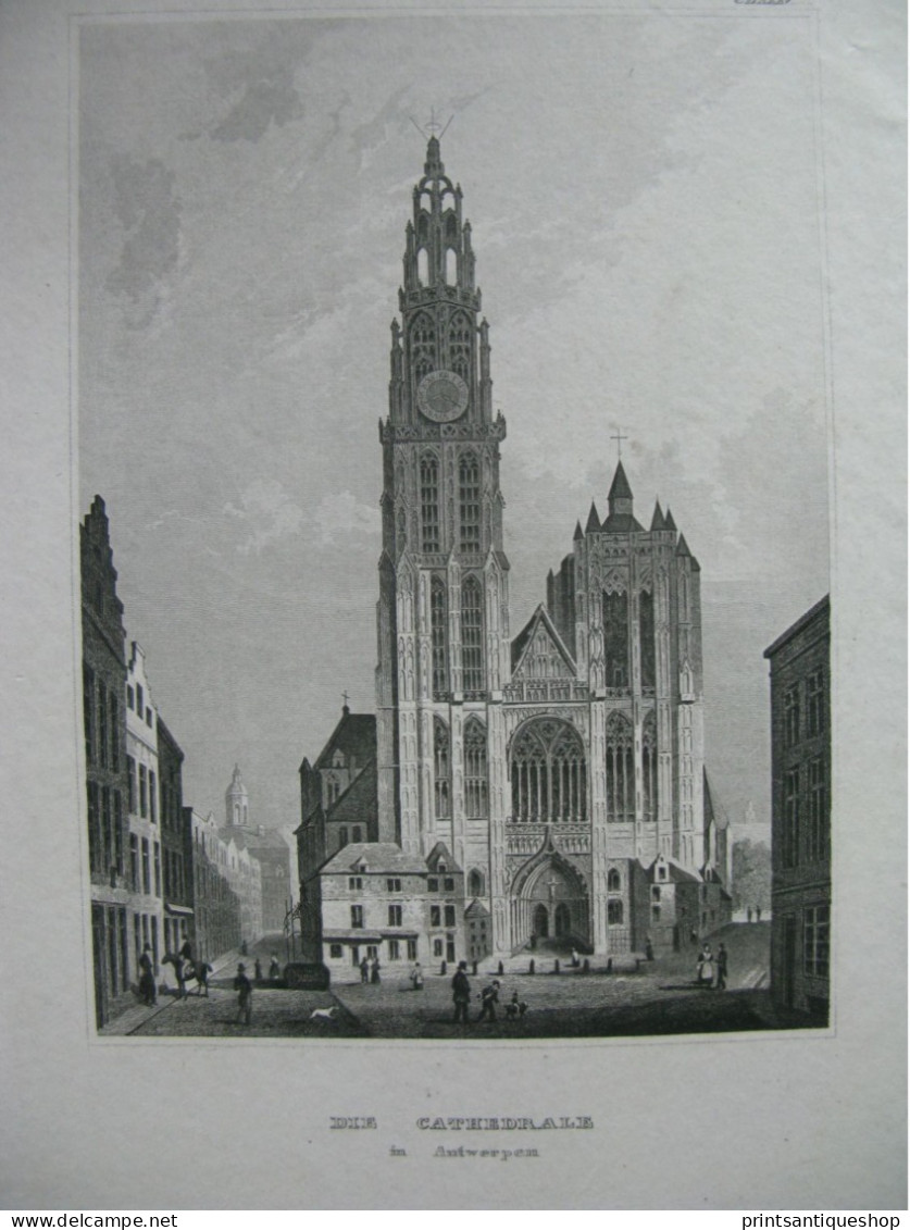 Belgium 4x Original Antique Engraving Brussels Waterloo Luttich Antwerpen - Prenten & Gravure