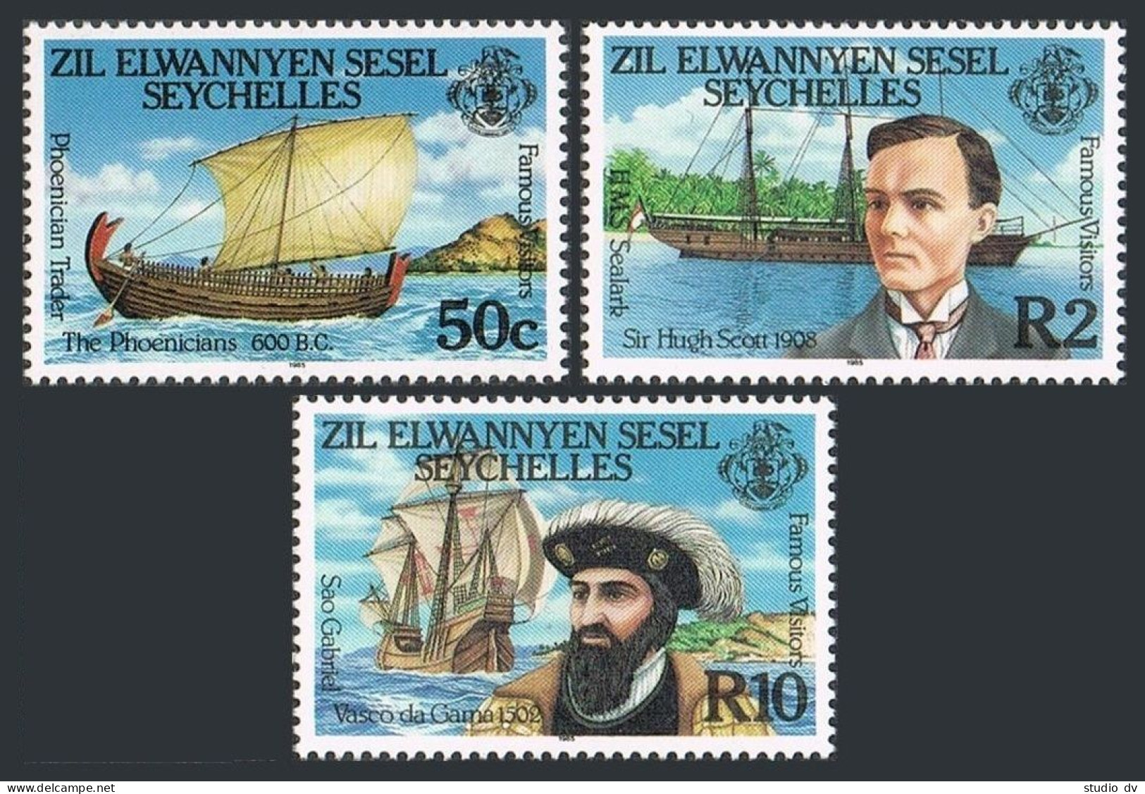 Zil Elwannyen Sesel 111-113, MNH. Mi 109-111. Famous Visitors, 1985. Hugh Scott, - Seychellen (1976-...)