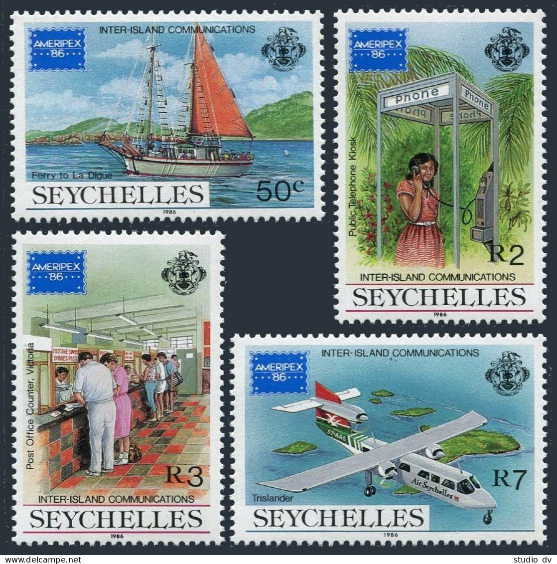 Seychelles 597-600,MNH.Michel 613-616. AMERIPEX-1986:Communications,Ship,Plane. - Seychelles (1976-...)