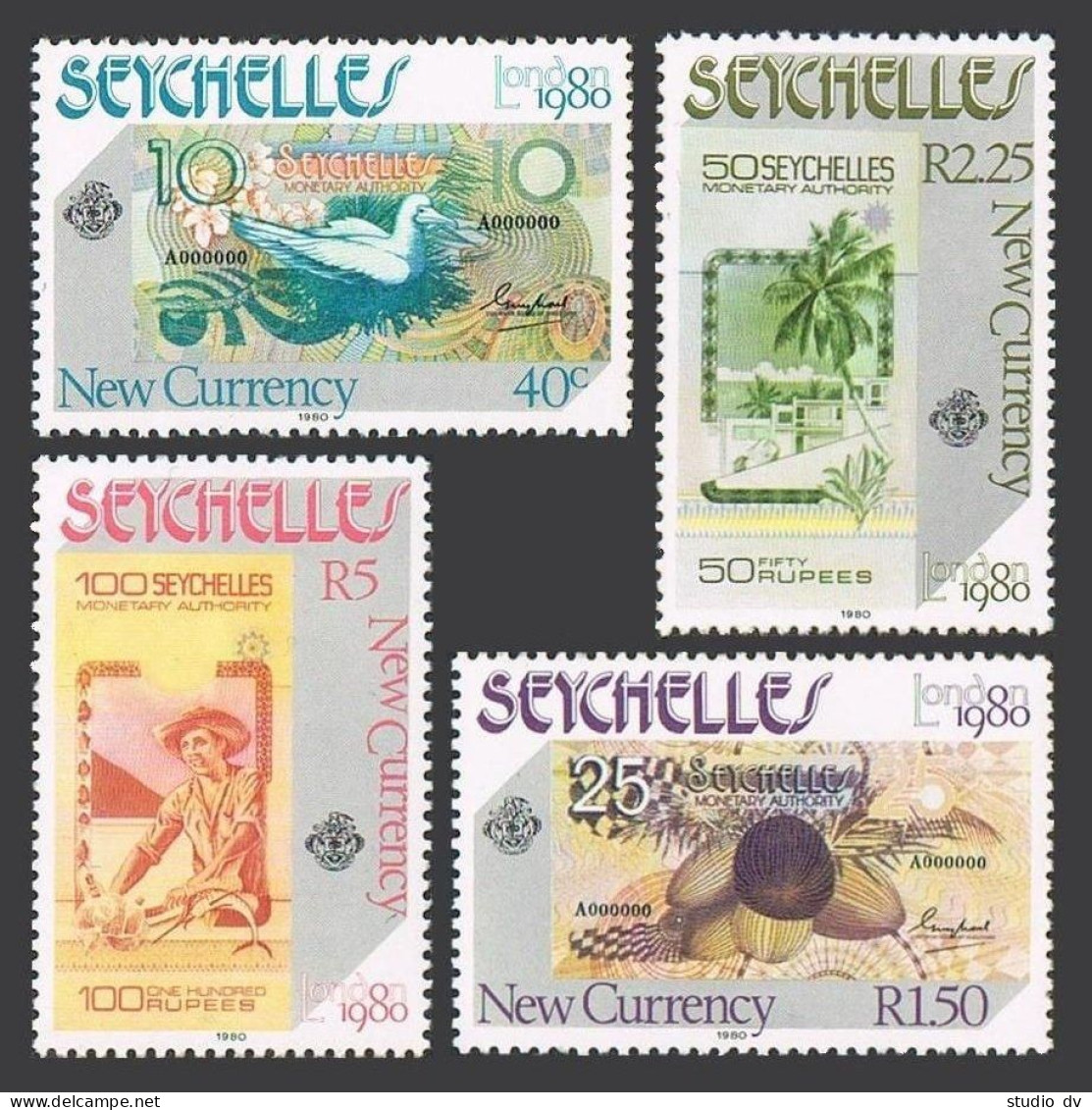 Seychelles 448-451,451a,MNH.Michel 457-460,Bl.13. LONDON-1980.New Currency.Bird, - Seychelles (1976-...)