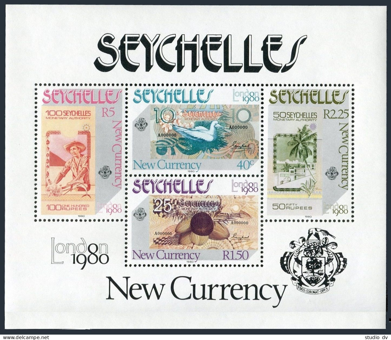 Seychelles 448-451,451a,MNH.Michel 457-460,Bl.13. LONDON-1980.New Currency.Bird, - Seychellen (1976-...)