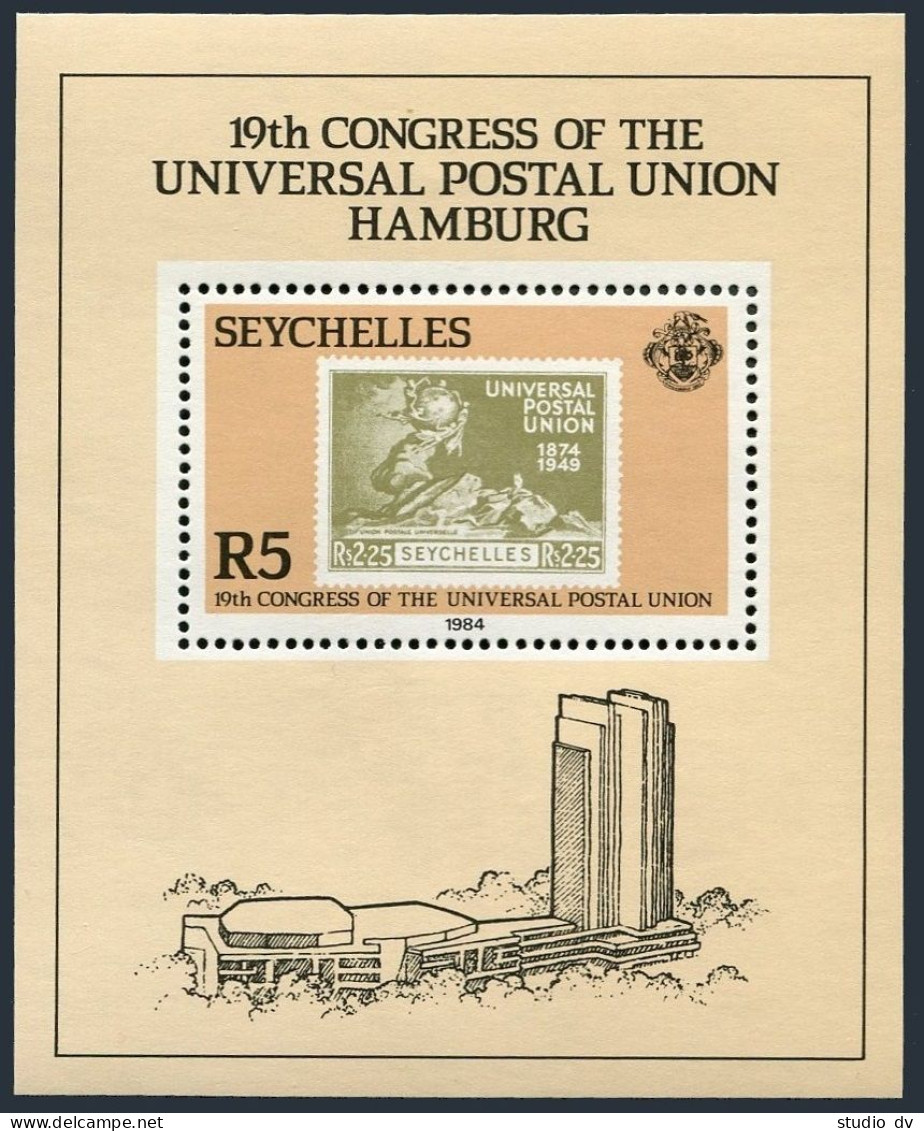 Seychelles 546, MNH. Michel Bl.23. UPU-110, 1984. 19th Congress, Hamburg. - Seychellen (1976-...)