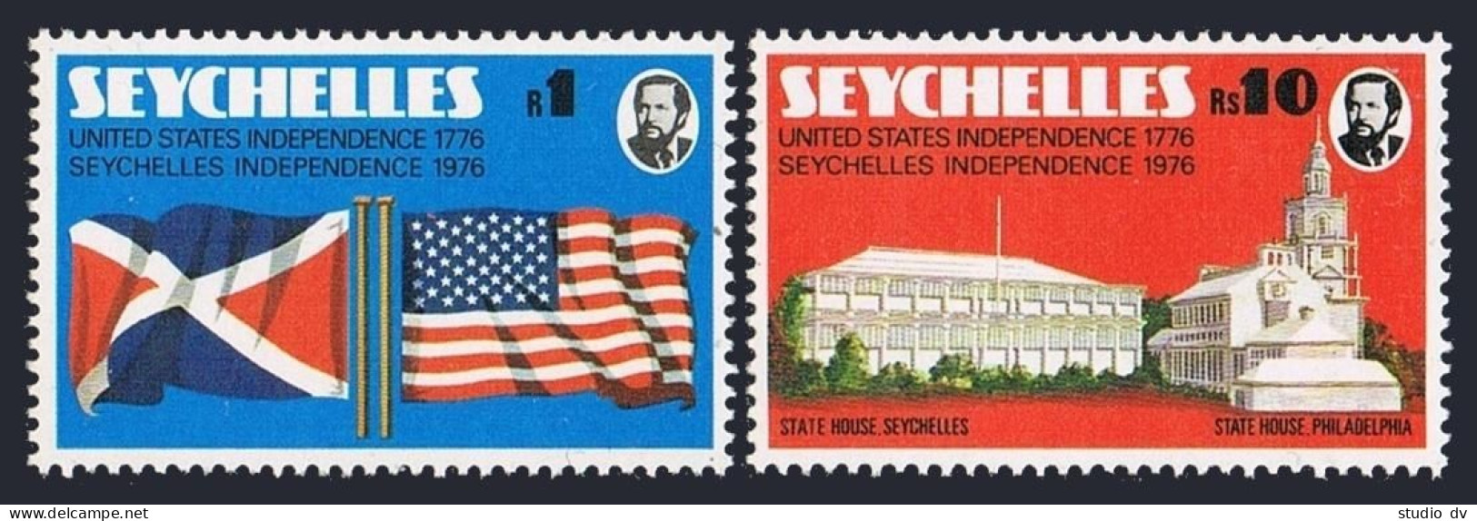 Seychelles 351-352, MNH. Mi 356-357. American Bicentennial, 1976. Flags, Houses. - Seychelles (1976-...)
