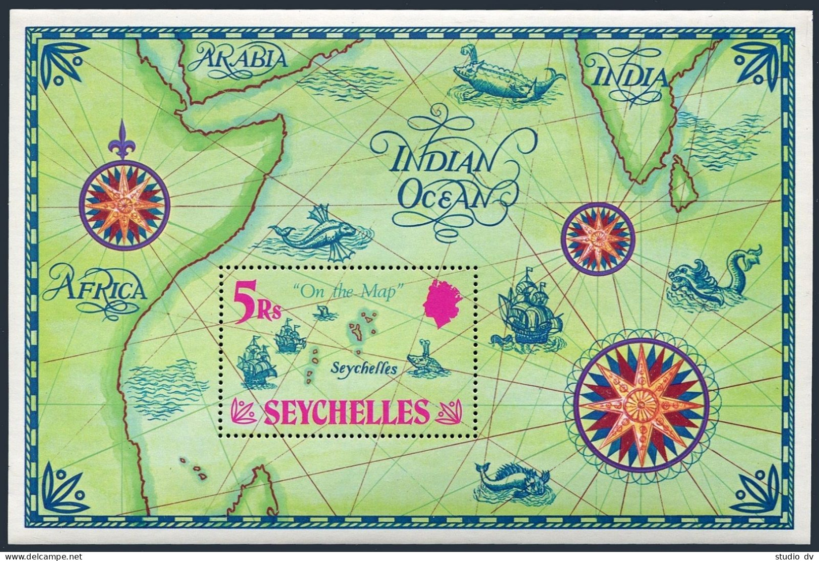 Seychelles 284,MNH.Mi Bl.2. Map Showing Location Of Seychelles, Fish, Ships,1971 - Seychelles (1976-...)