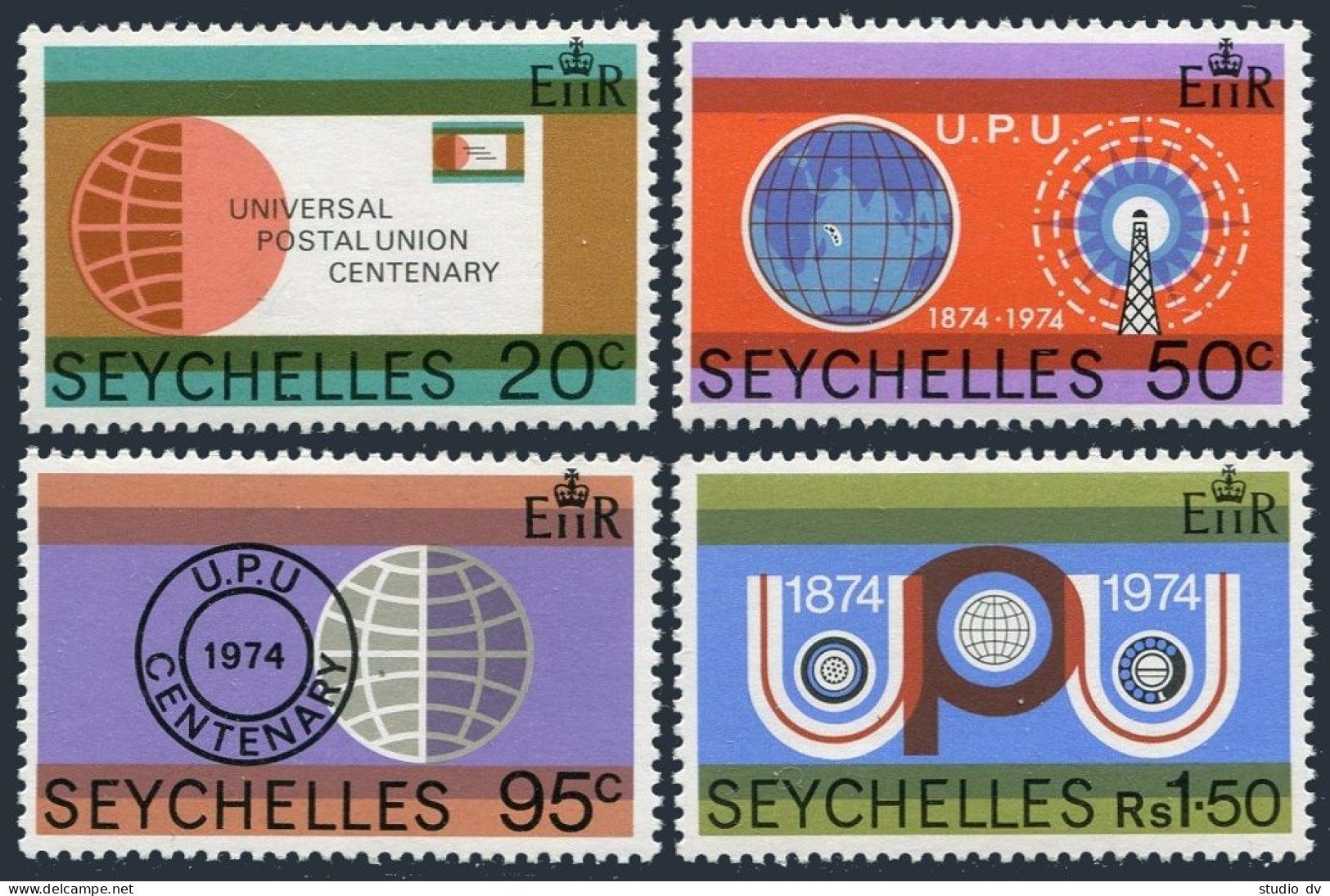 Seychelles 317-320,MNH.Michel 322-325. UPU-100.Globe,envelope,cancellation. - Seychelles (1976-...)