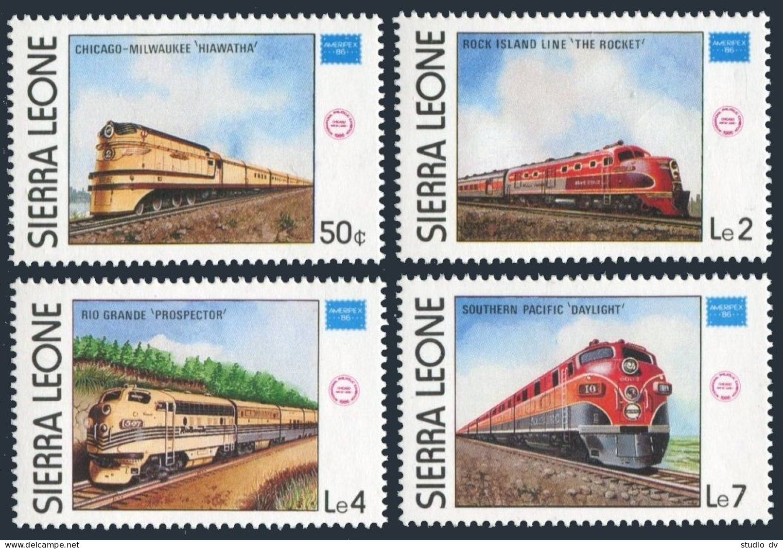 Sierra Leone 764-767,768,MNH.Mi 892-895,896 Bl.46. AMERIPEX-1986.Locomotives. - Sierra Leone (1961-...)