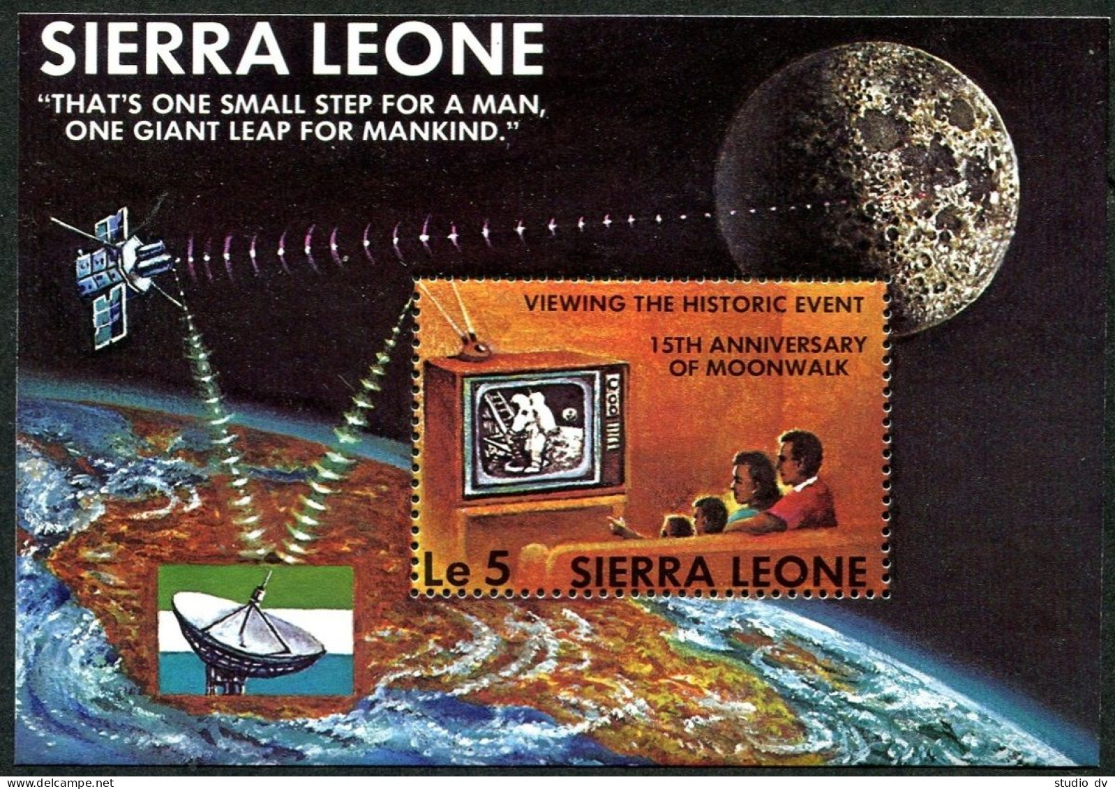 Sierra Leone 622, MNH. Michel 749 Bl.21. Moonwalk-15th Ann.1984.TV Transmission. - Sierra Leone (1961-...)