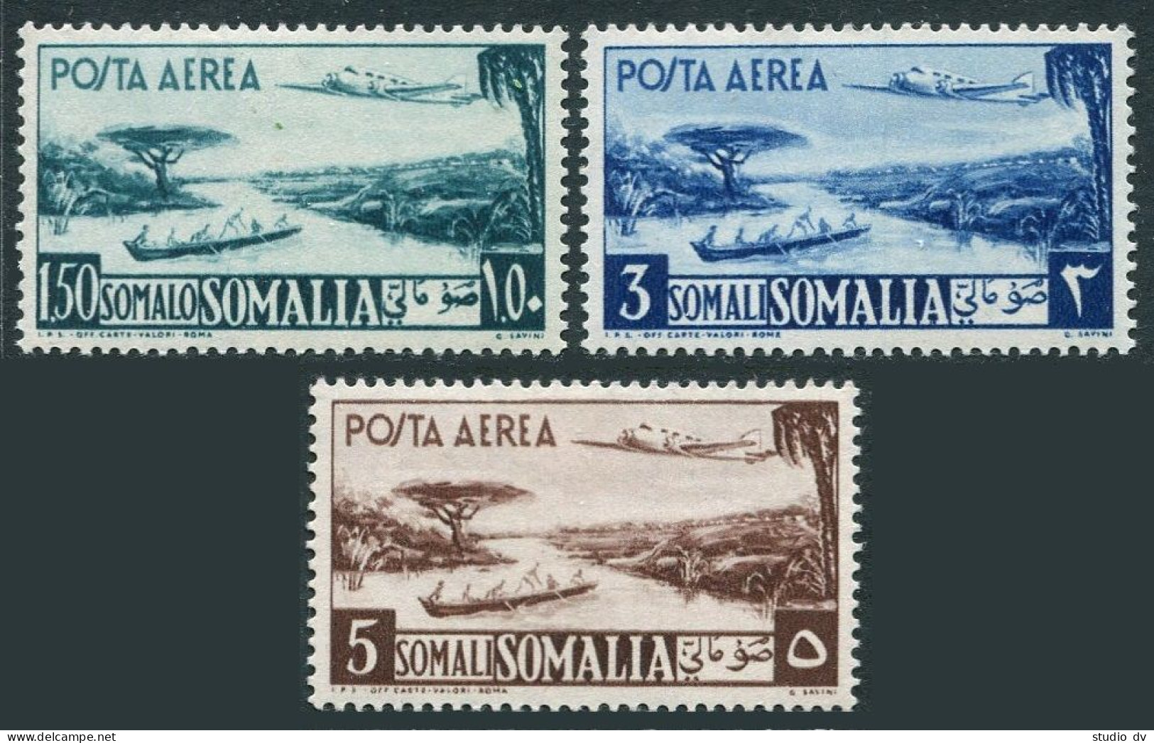 Somalia C27-C26,hinged.Mi 262-264. Air Post 1950. River, Vessels, Airplane. - Somalië (1960-...)