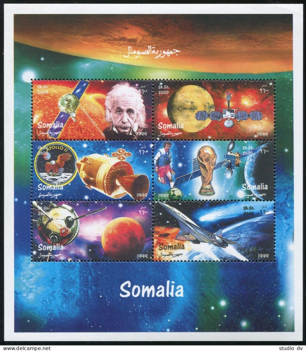 Somalia 1999 Millennium Sheet,MNH. Einstein,Space Researches,Soccer,Concorde. - Somalië (1960-...)