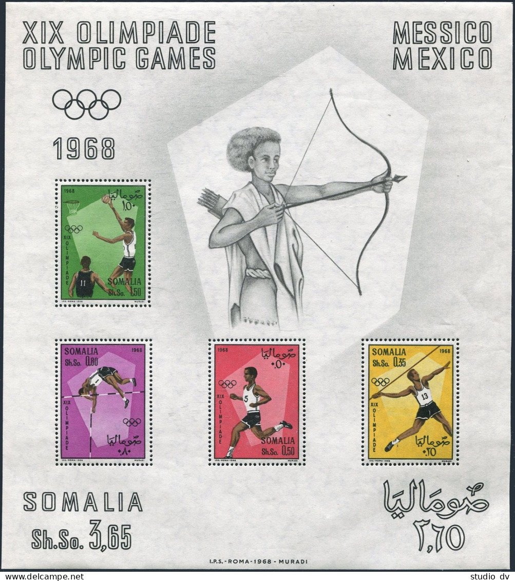 Somalia 339a Sheet,MNH.Mi Bl.2. Olympics Mexico-1968.Javelin,Running,Basketball, - Somalie (1960-...)