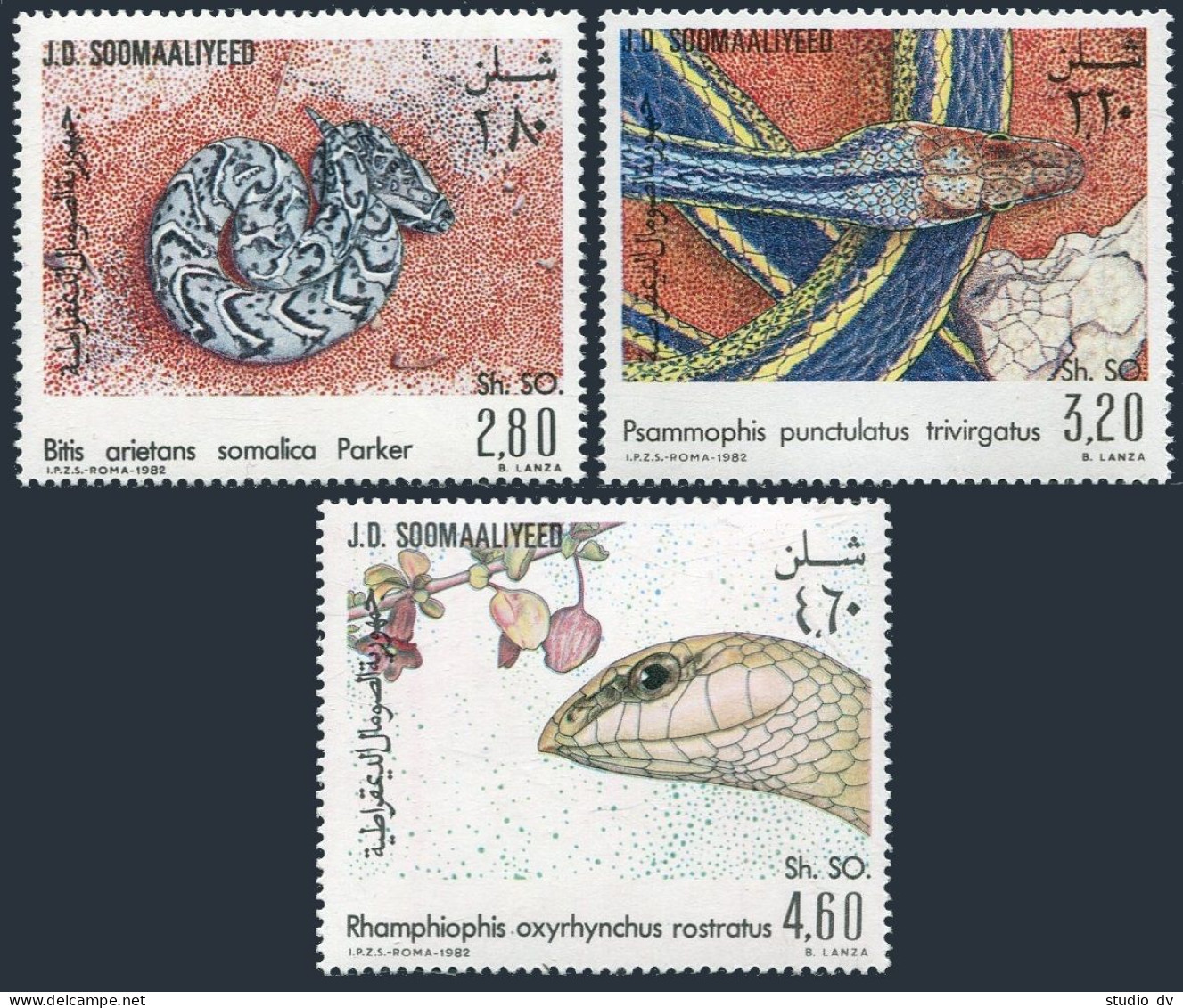 Somalia 512-514, 515, MNH. Michel 321-323, Bl.13. Local Snakes 1982. - Somalie (1960-...)