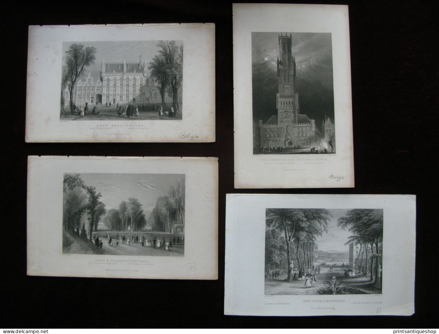 Belgium 4x Original Antique Engraving Brussels Palace Bruges Tower Belfort - Prints & Engravings