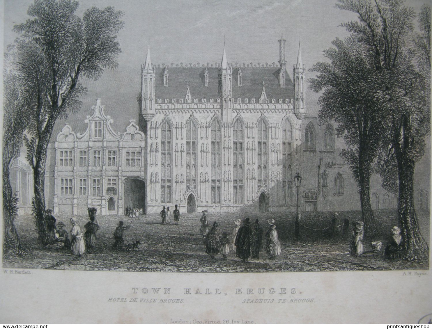 Belgium 4x Original Antique Engraving Brussels Palace Bruges Tower Belfort - Prenten & Gravure