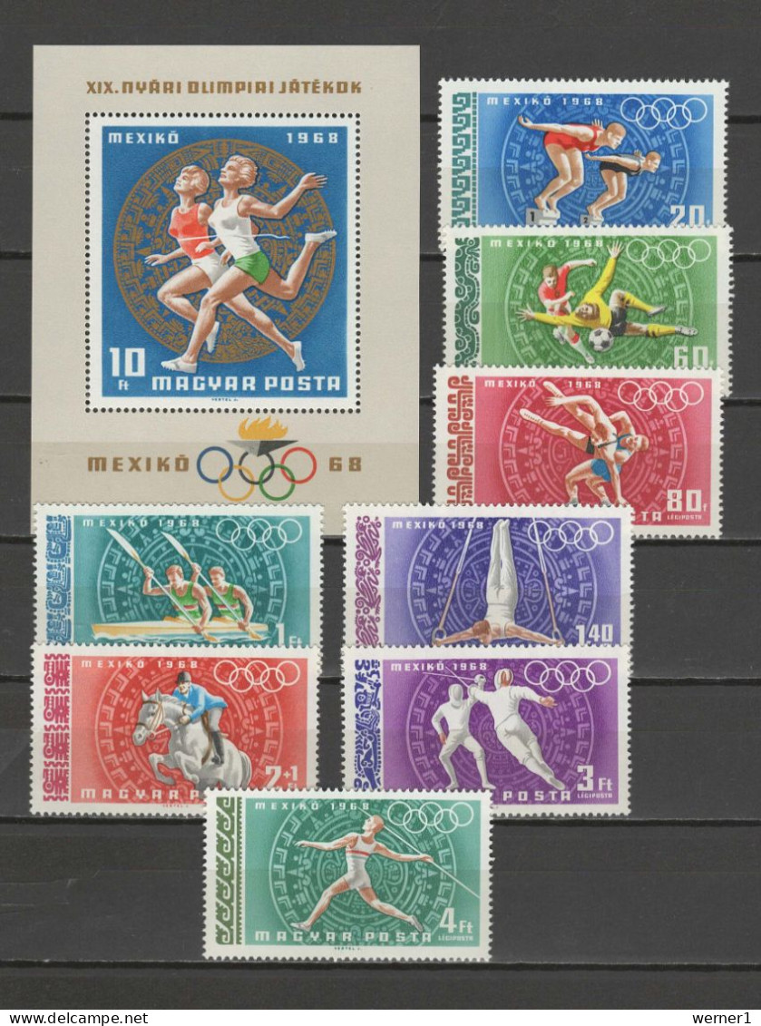 Hungary 1968 Olympic Games Mexico, Football Soccer, Athletics, Equestrian, Wrestling, Fencing Set Of 8 + S/s MNH - Summer 1968: Mexico City