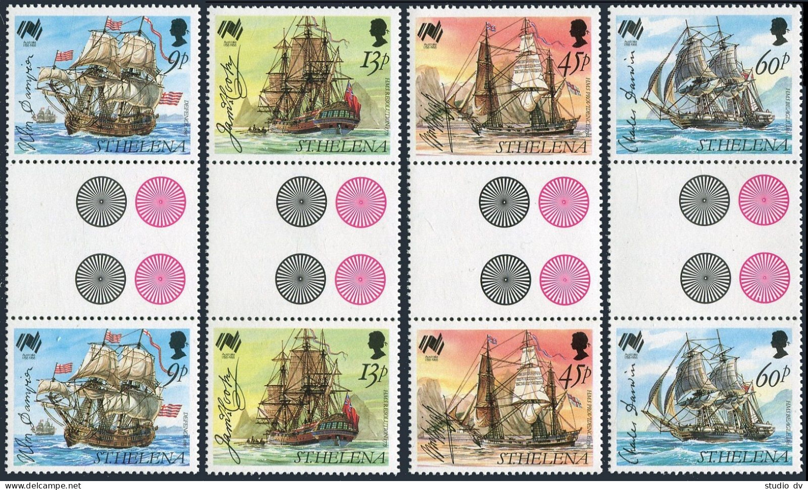 St Helena 493-496 Gutter, MNH. Mi 483-486. Australia-200, 1988. Ships,Signatures - Saint Helena Island