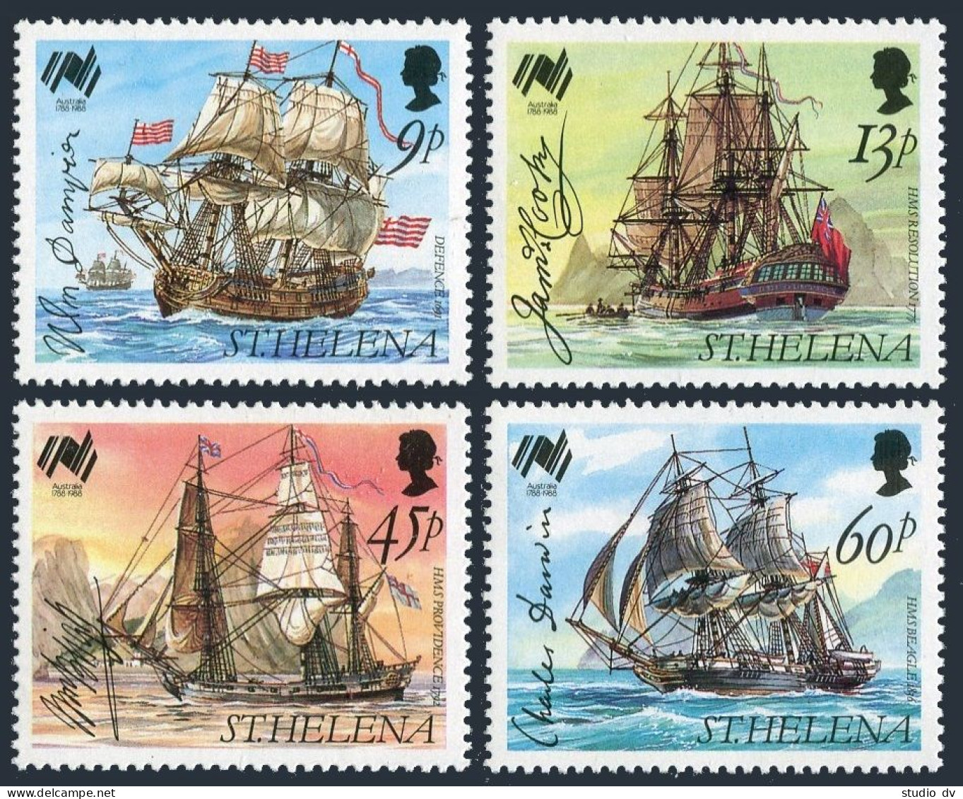 St Helena 493-496, MNH. Michel 483-486. Australia-200, 1988. Ships, Signatures. - Sint-Helena