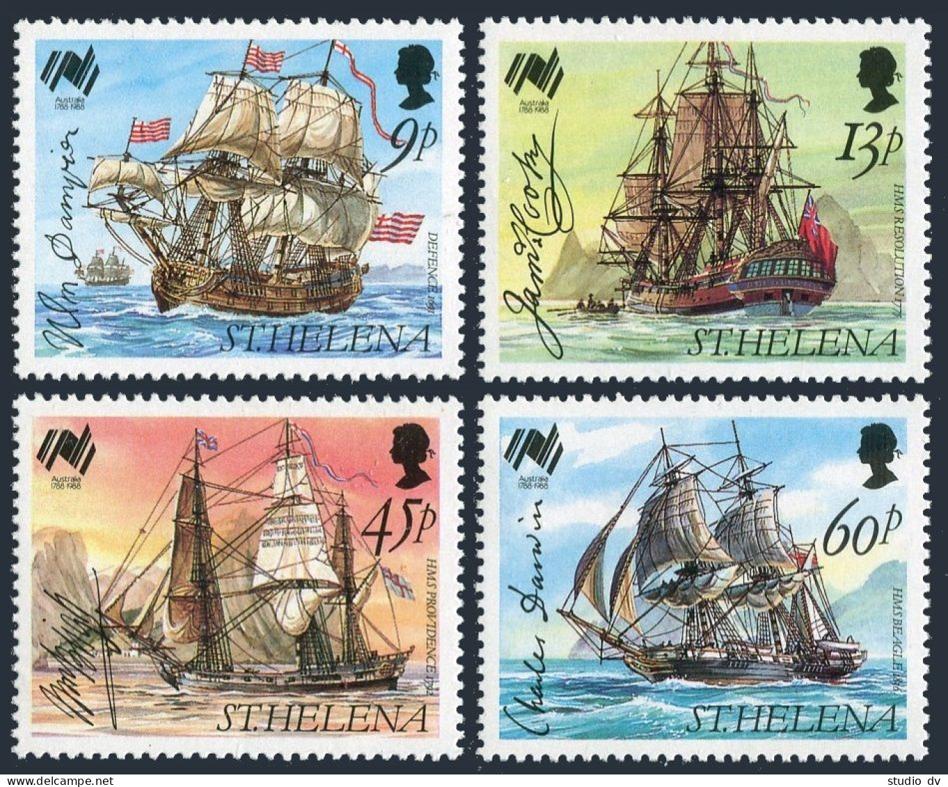 St Helena 493-496, MNH. Michel 483-486. Australia-200, 1988. Ships, Signatures. - Sainte-Hélène