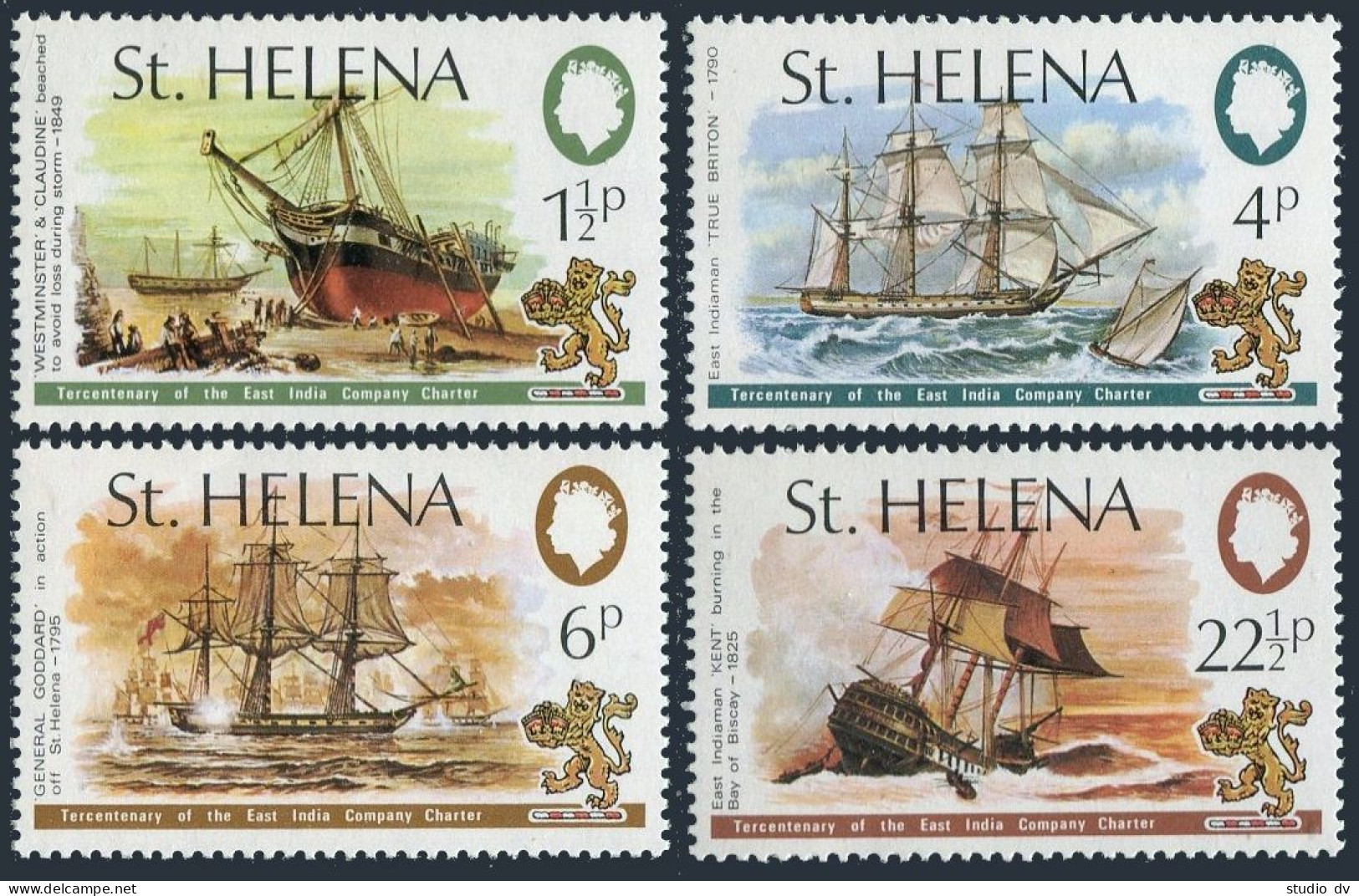 St Helena 279-282, MNH. Mi 266-269. East India Company Charter-300, 1973. Ships. - Isola Di Sant'Elena