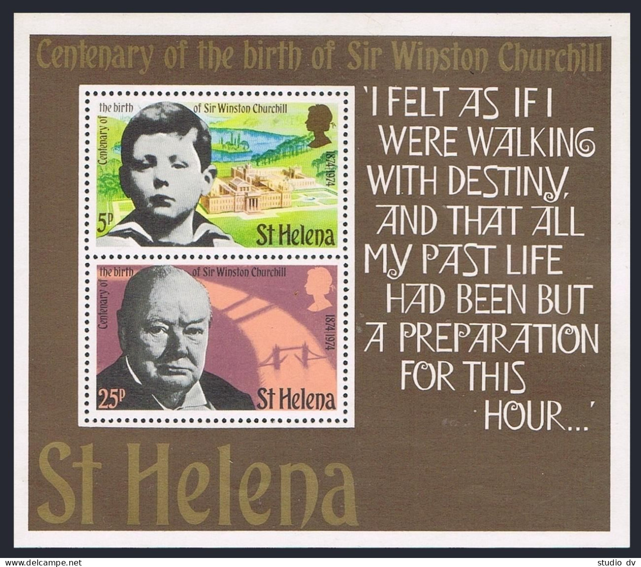 St Helena 285-286,286a Sheet,MNH. Sir Winston Churchill-100,1974.Blenheim Palace - Saint Helena Island