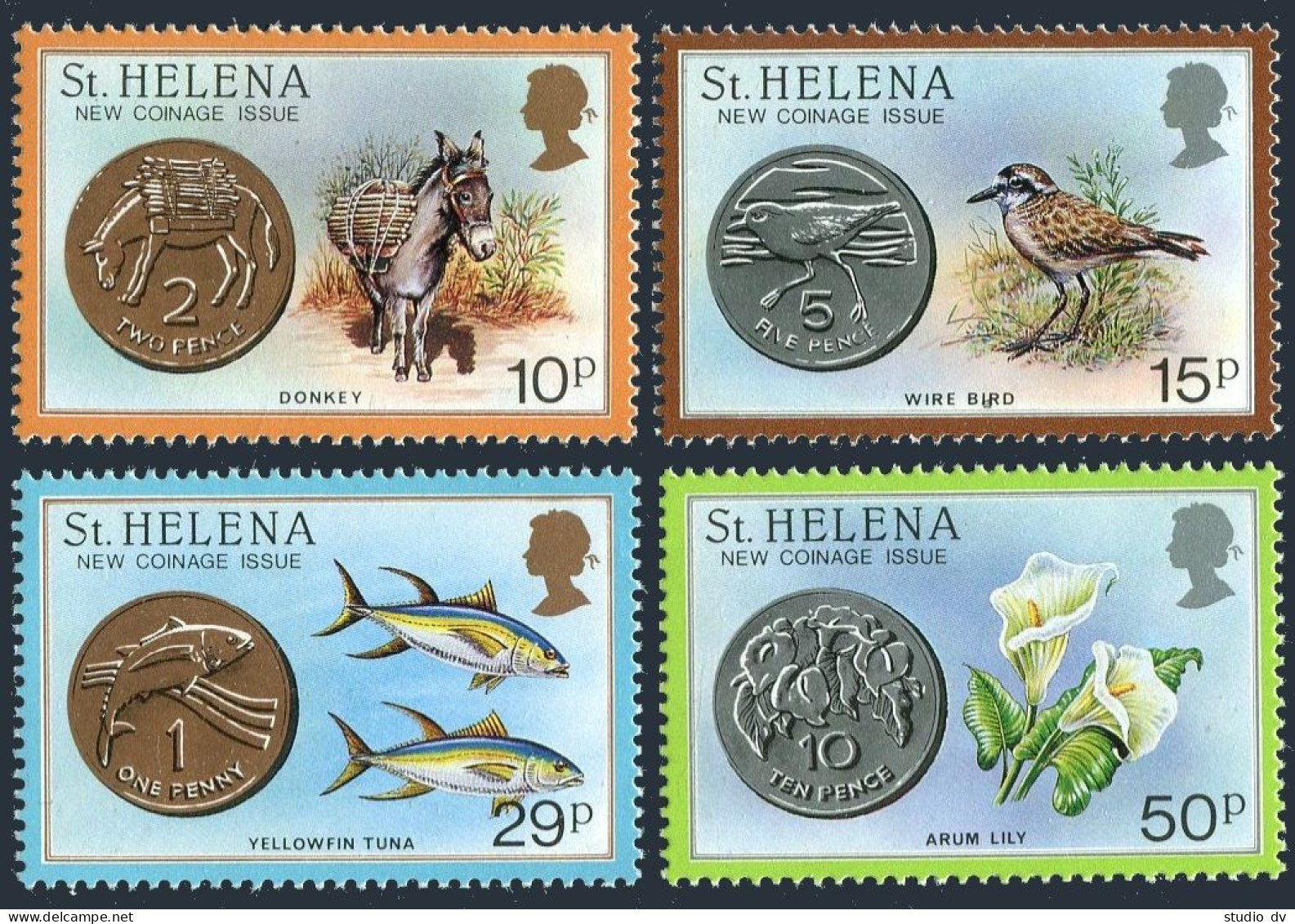 St Helena 416-419, MNH. Michel 406-409. New Coinage 1984. Donkey,Bird,Tuna,Lily. - Sainte-Hélène