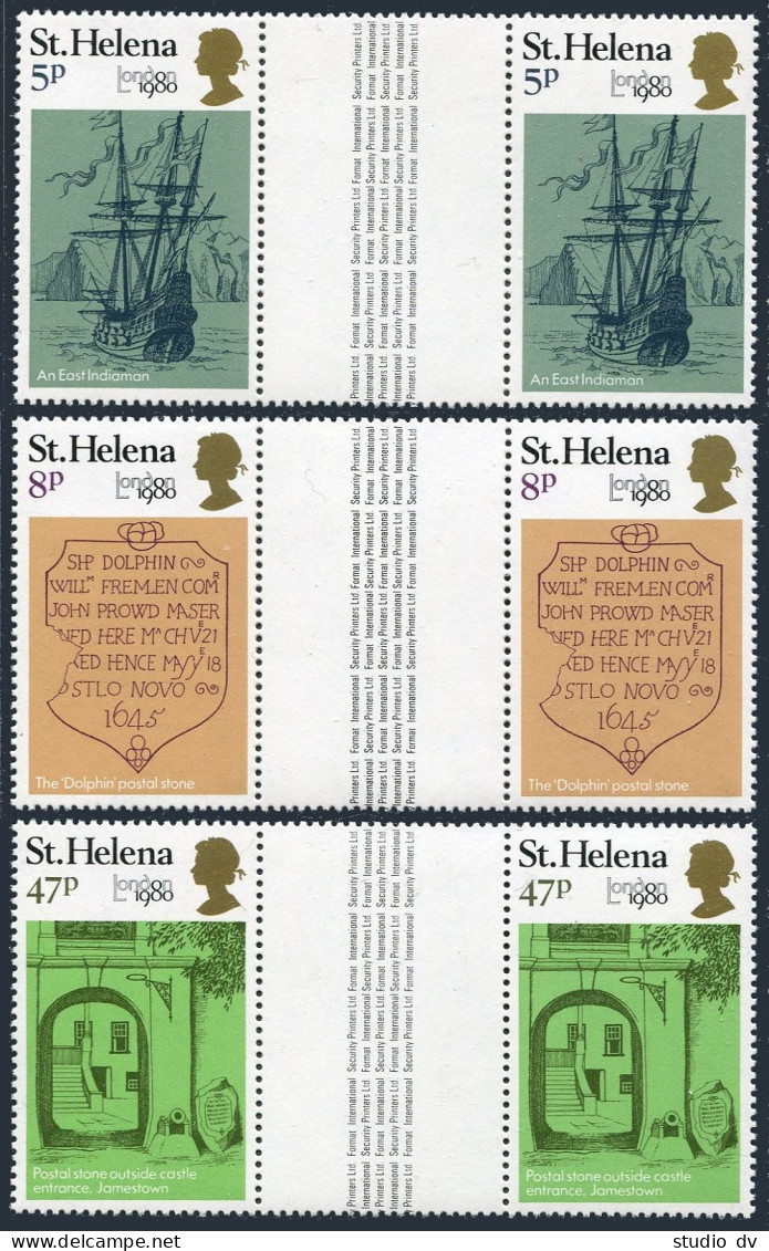 St Helena 338-340 Gutter,340a,MNH.Michel 327-329,Bl.5. LONDON-1980.Ship,Stone. - Saint Helena Island