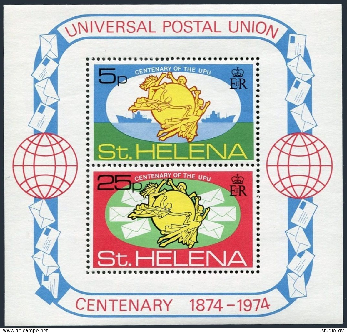 St Helena 283-284,284a Sheet, MNH. Mi 270-271,Bl.1. UPU-100, 1974. Ship,letters. - Saint Helena Island