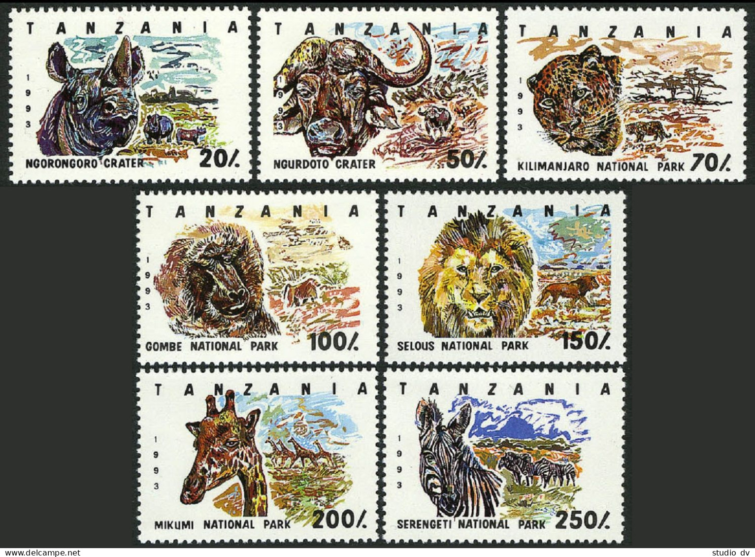 Tanzania 1185-1191, MNH. Mi 1607-1613. National Parks, 1994. Rhinoceros, Leon, - Tanzania (1964-...)