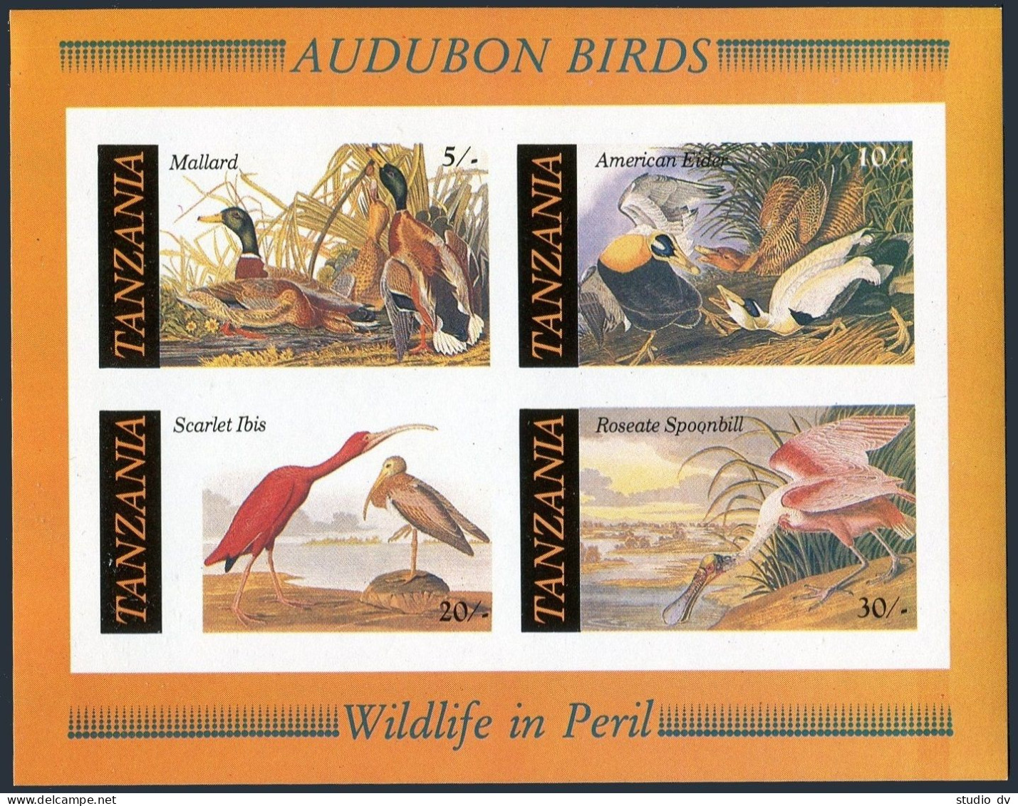 Tanzania 309a Imperf, MNH. Mi Bl.55B. Audubon's Birds 1986. Mallard, Smpoonbill, - Tanzania (1964-...)