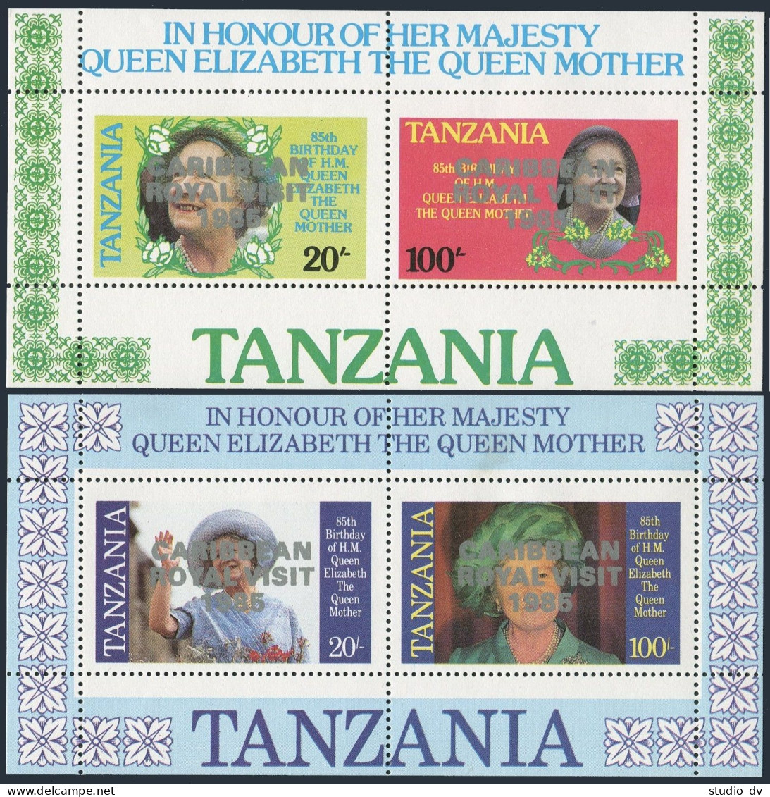 Tanzania 297a-298a,MNH.Mi Bl.49,52. Caribbean Royal Visit 1985. Queen Mother. - Tanzania (1964-...)