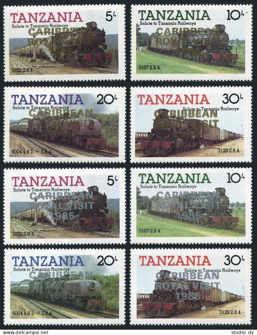 Tanzania 303 Note,MNH.Mi 293-296,301-304. Caribbean Royal Visit,1986.Locomotives - Tanzanie (1964-...)