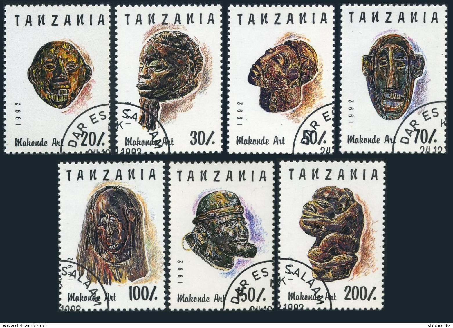 Tanzania 985A-985G,CTO.Michel 1437-1443. Various Carved Faces,1992. - Tanzania (1964-...)