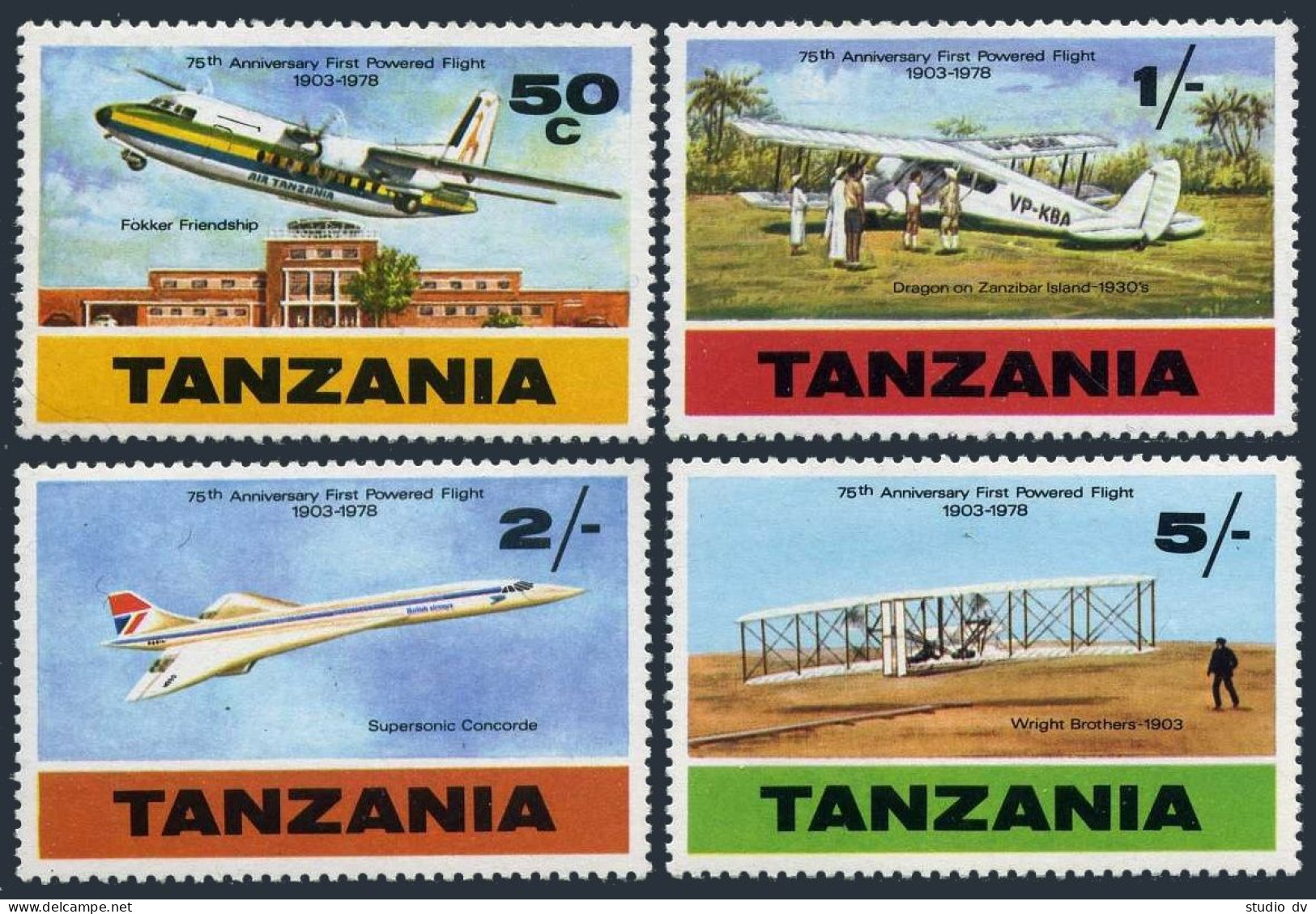 Tanzania 117-120,120a,hinged.Mi 117-120,Bl.16. 1st Powered Flight,75th Ann.1978 - Tansania (1964-...)