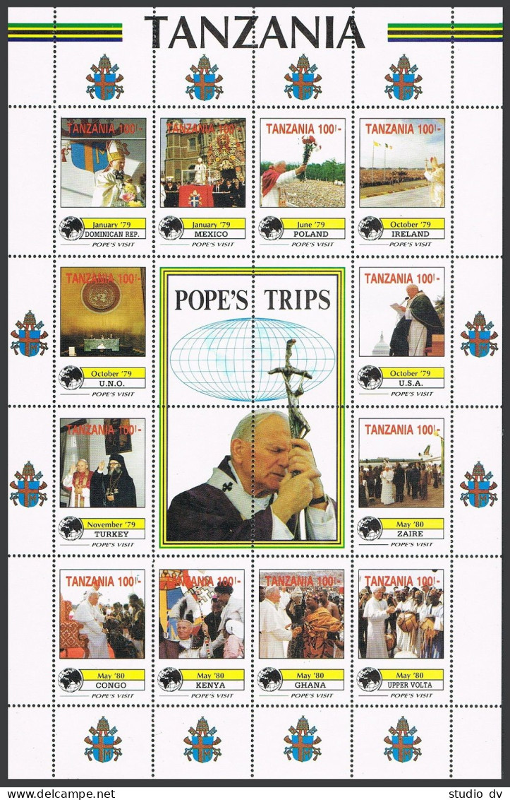 Tanzania 825 Al/labels Sheet,MNH,.Michel 1098-1109. Visits Of Pope John Paul II. - Tansania (1964-...)