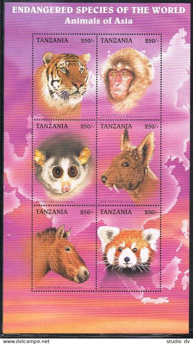 Tanzania 1628-1630G,MNH. Endangered Species Of The World 1997.Tiger,Macaque,Deer - Tanzania (1964-...)