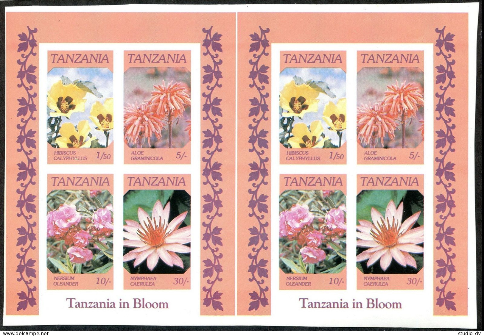 Tanzania 318a Imperf Pair, MNH. Michel Bl.57B. Indigenous Flowers 1986. - Tansania (1964-...)