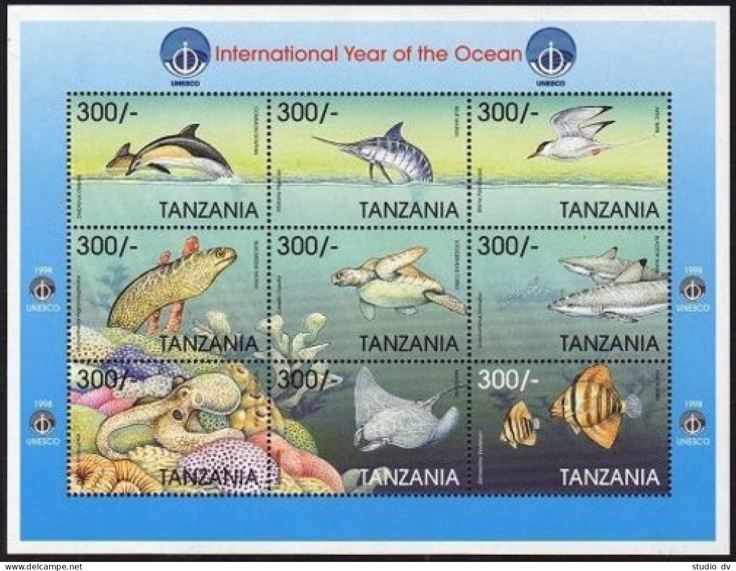 Tanzania 1734, MNH. Year Of The Ocean IYO-1998. Common Dolphin.Fish.Shark.Turtle - Tanzanie (1964-...)