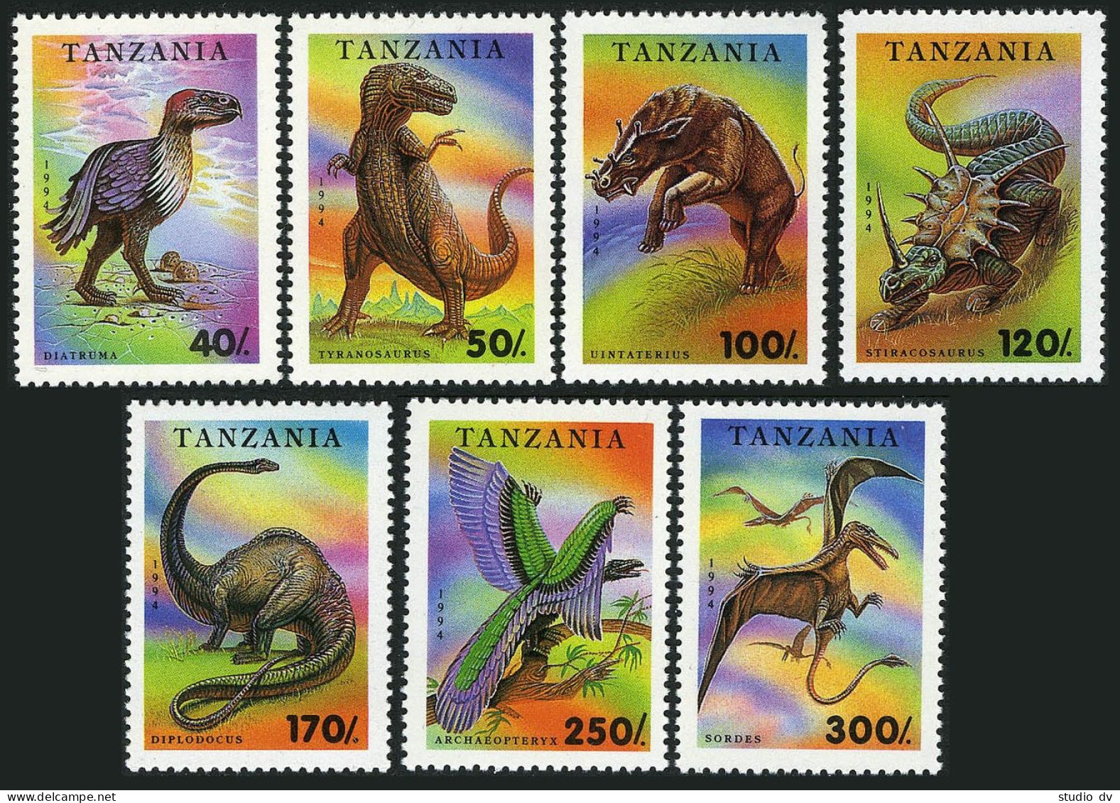 Tanzania 1217-1224,MNH.Michel 1767-1773,Bl.250. Fossil Animals 1994:Dinosaurs. - Tanzanie (1964-...)