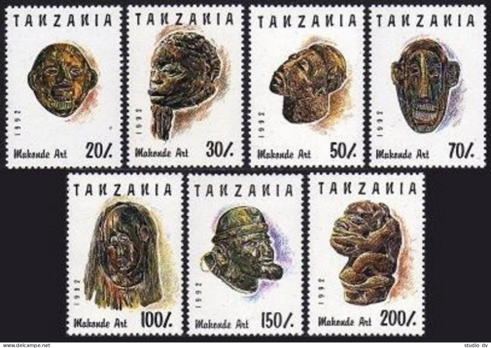 Tanzania 985A-985G,987H,MNH.Michel 1437-1443,Bl.208. Various Carved Faces 1992. - Tanzania (1964-...)