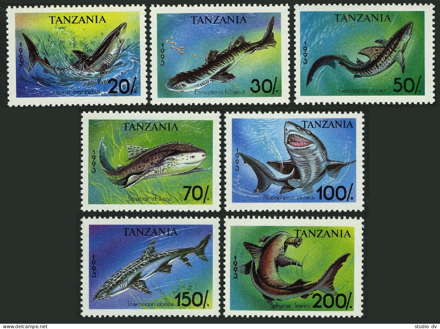 Tanzania 1136-1142,1143,MNH.Michel 1583-1589,1590 Bl.225. Sharks 1993. - Tanzanie (1964-...)