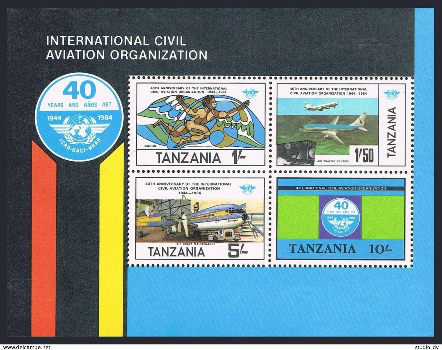Tanzania 249a Sheet,MNH.Michel Bl.38 ICAO,40th Ann.Icarus,Tanzania Jet,Emblem. - Tanzanie (1964-...)