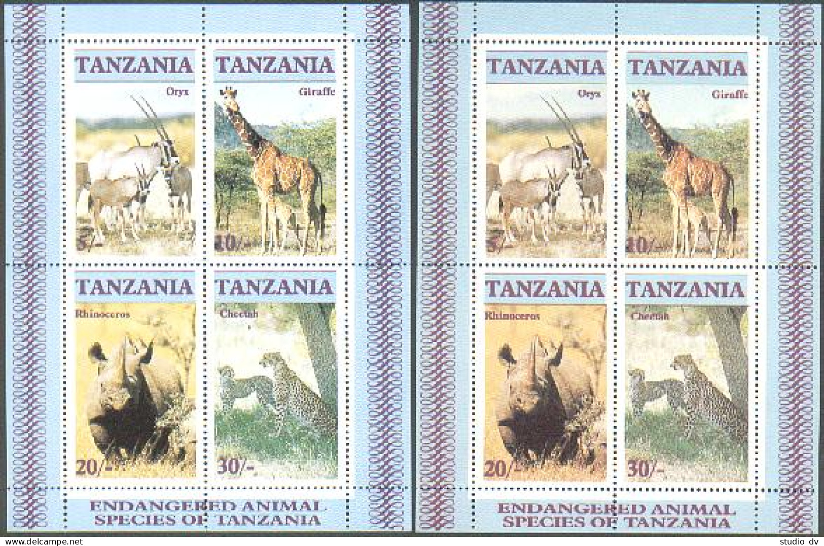 Tanzania 322a Two Var,MNH.Michel Bl.58. Wildlife 1986.Giraffe,Rhinoceros,Cheetah - Tanzania (1964-...)