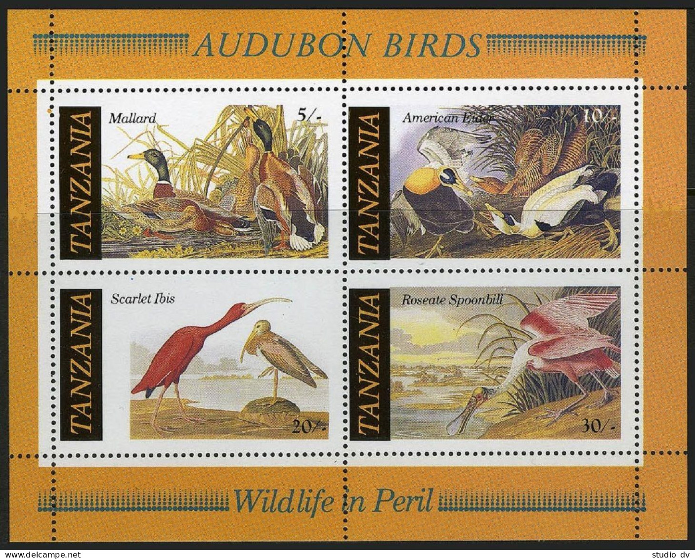 Tanzania 306-309,309a,MNH.Michel 315-318,Bl.55. Audubon's Birds 1986.Spoonbill, - Tanzania (1964-...)