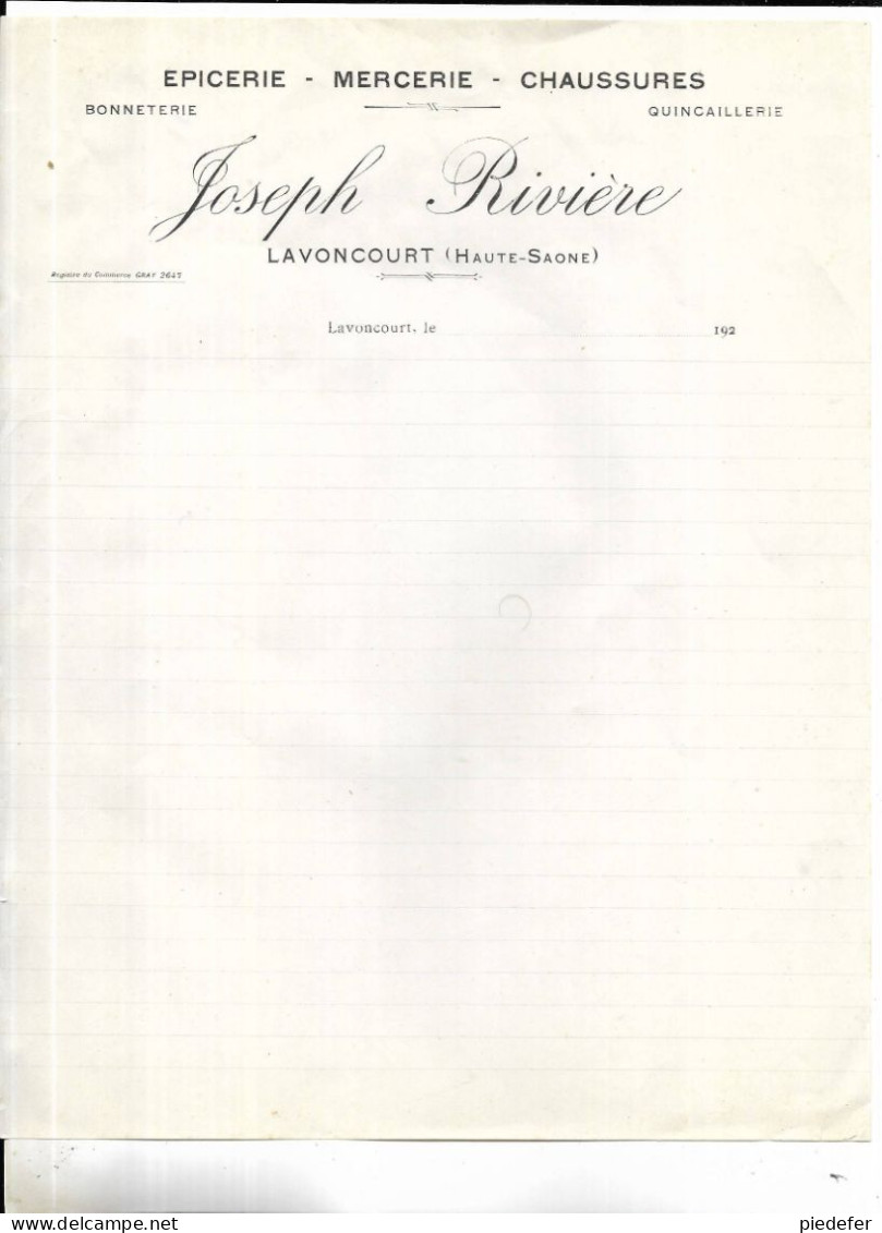70 - Document Commercial à En-tête Joseph RIVIERE à LAVONCOURT ( Hte-Saône ) - Epicerie, Mercerie, Chaussures - Autres & Non Classés
