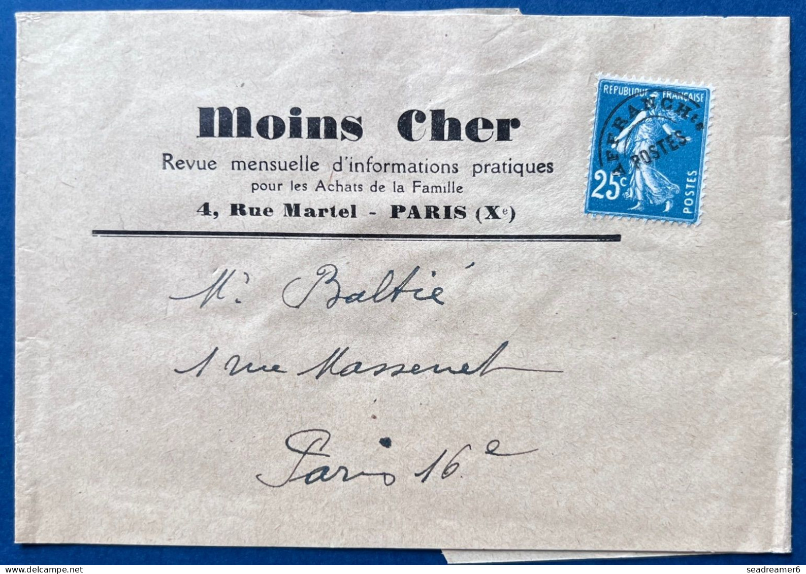 Bande Imprimée De PARIS Mensuel " Moins Cher " Préoblitéré Semeuse N°56 25c Bleu Pour PARIS TTB - 1893-1947