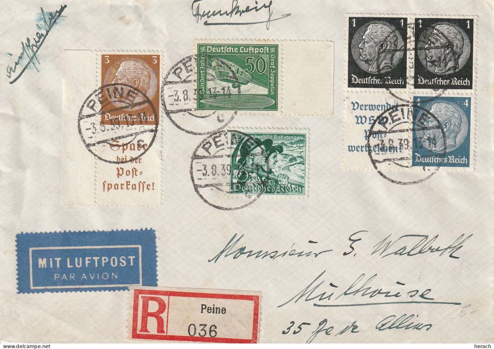 Allemagne Lettre Recommandée Peine Pour L'Alsace 1939 - Covers & Documents