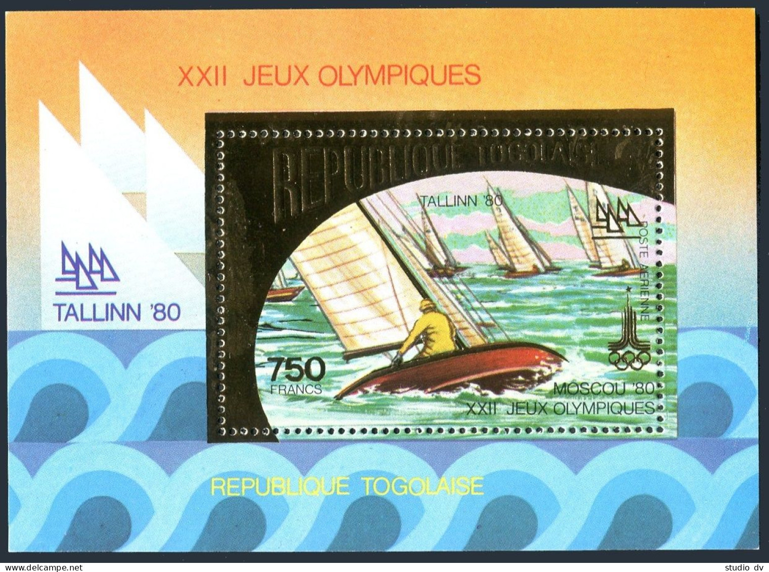 Togo C415aE Gold, MNH. Michel 1433 Bl.158A. Olympics Moscow-1980. Sailing. - Togo (1960-...)