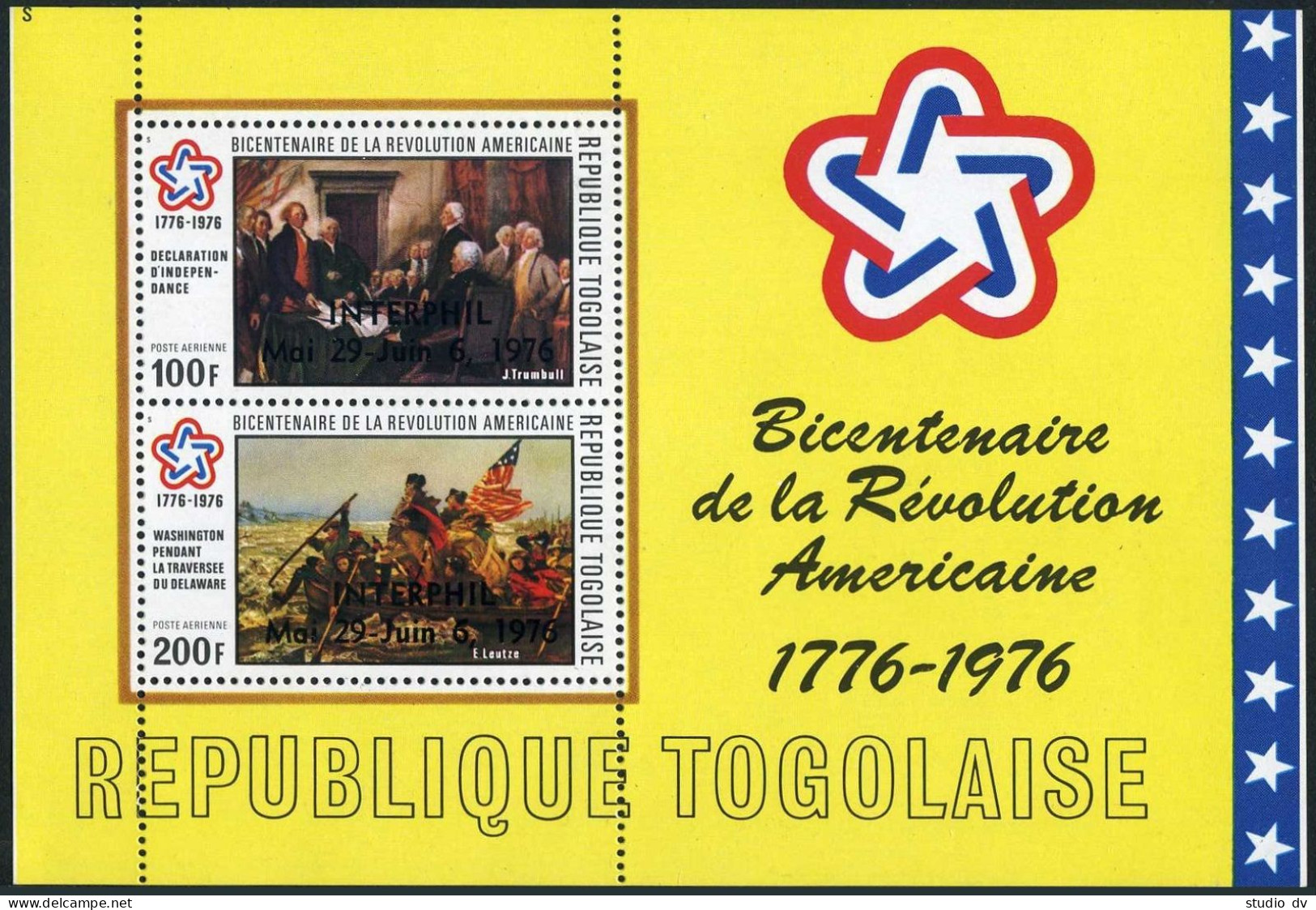 Togo C283a A,B,MNH.Mi Bl.103 A,B. INTERPHIL 1976.USA-200,paintings:Trumbull, - Togo (1960-...)