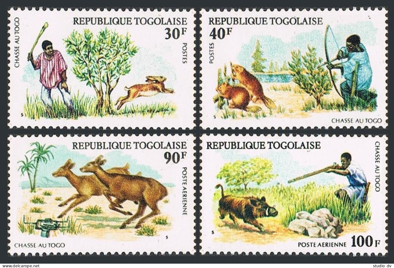 Togo 909-910,C250-C251,MNH.Mi 1102-1105. Hunting,1975.Hunters,Rabbit,Beaver,Deer - Togo (1960-...)