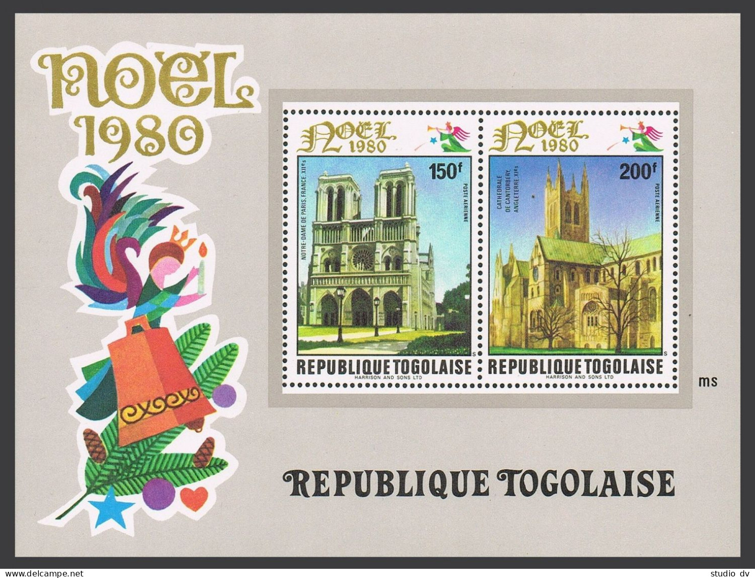 Togo C437a, MNH. Mi Bl.168. Christmas 1980. Cathedrals: Notre Dame, Canterbury. - Togo (1960-...)